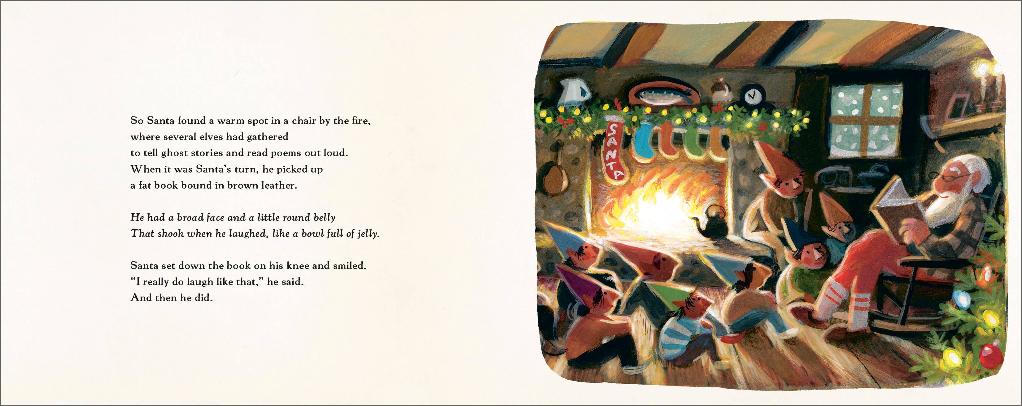 Illustrated book page with a Christmas scene and text.