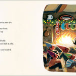 Illustrated book page with a Christmas scene and text.