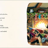 Illustrated book page with a Christmas scene and text.