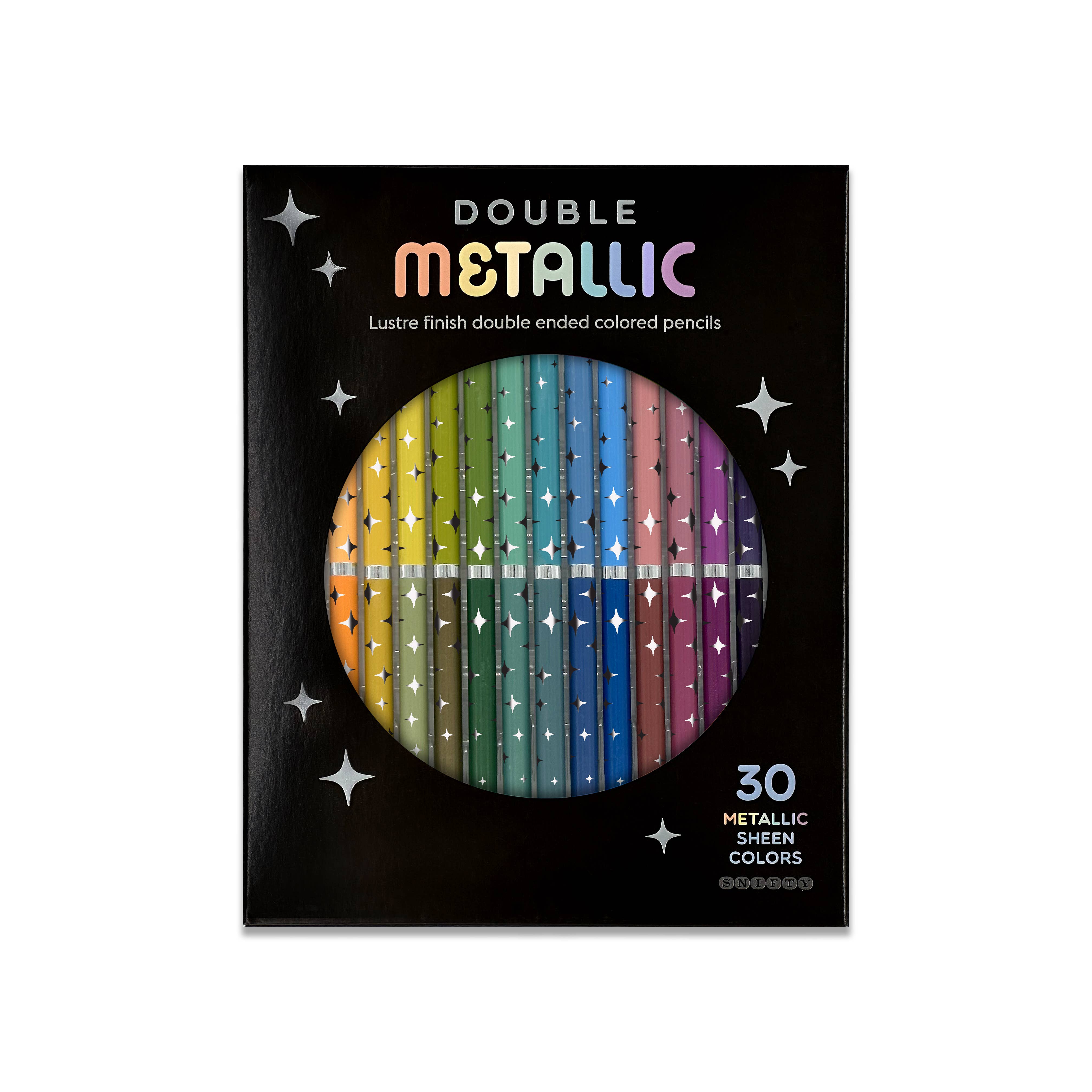 Two-tone metallic colored pencils set by SNIFTY for arts and crafts, showing vibrant, shiny pencil tips in a close-up image.