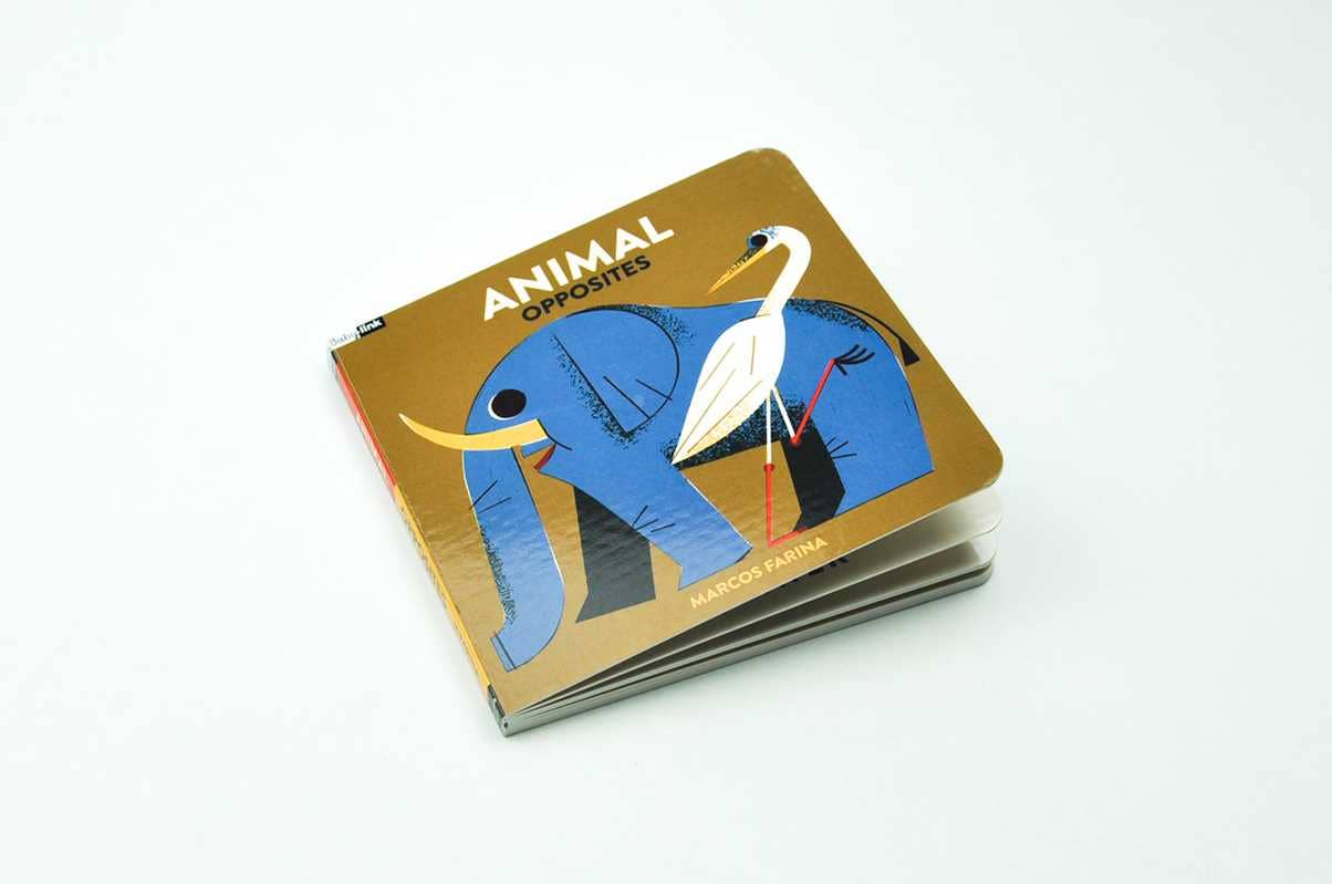 BabyLink Animal Opposites Board Book by Simon & Schuster showing colorful animal illustrations for early learning.