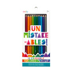 OOLY Erasable Colored Pencil Set for arts and crafts, featuring vibrant colored pencils with erasers, displayed in a neat arrangement.