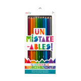 OOLY Erasable Colored Pencil Set for arts and crafts, featuring vibrant colored pencils with erasers, displayed in a neat arrangement.