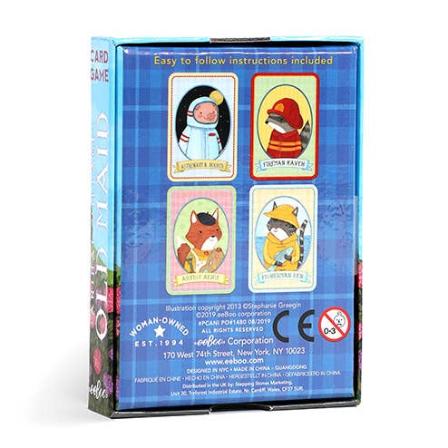 Old Maid card game by eeBoo featuring illustrated vintage-style playing cards with colorful, whimsical designs for fun family play.