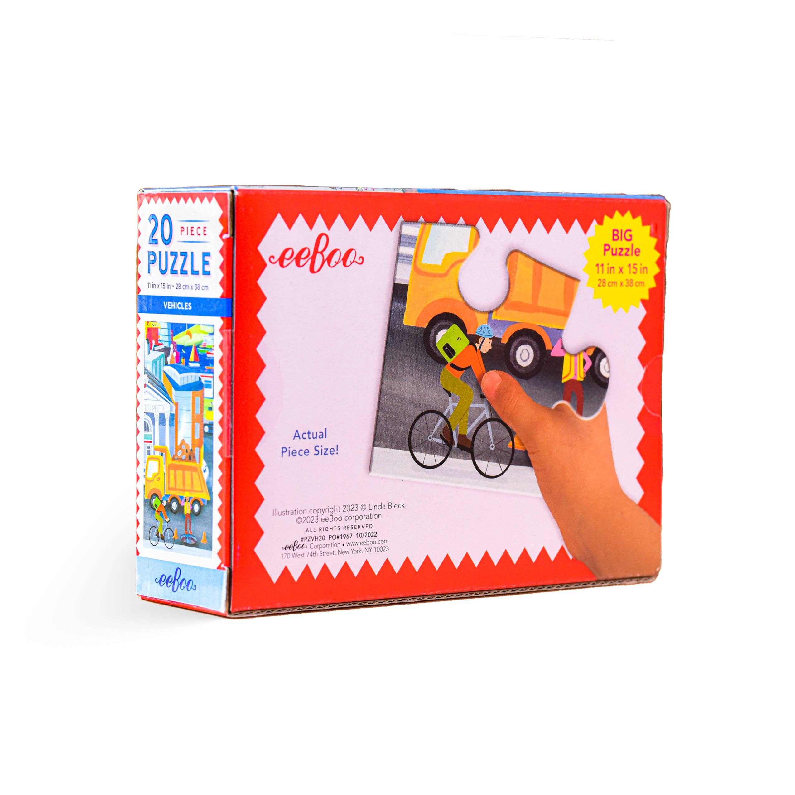 Colorful eeBoo Vehicles 20 Piece Puzzle featuring various cars, trucks, and transportation scenes for kids and puzzle enthusiasts.