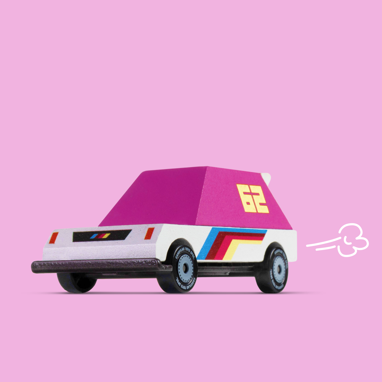 Pink Racer 62 TOONS™ toy car by Candylab Toys, featuring a sleek pink design and detailed car and truck features.