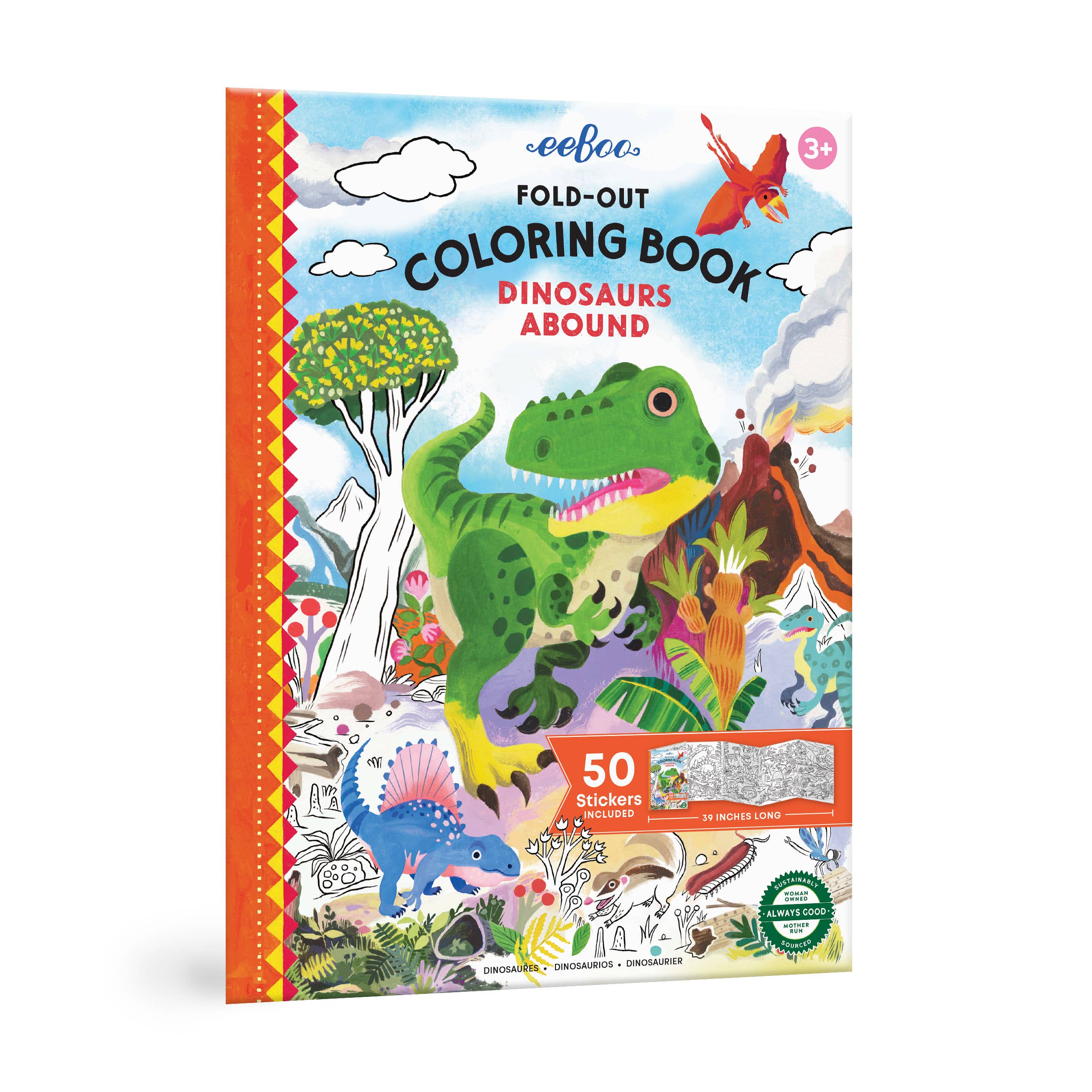 eeBoo Dinosaurs fold-out coloring book with stickers, featuring detailed dinosaur illustrations for arts and crafts activities.