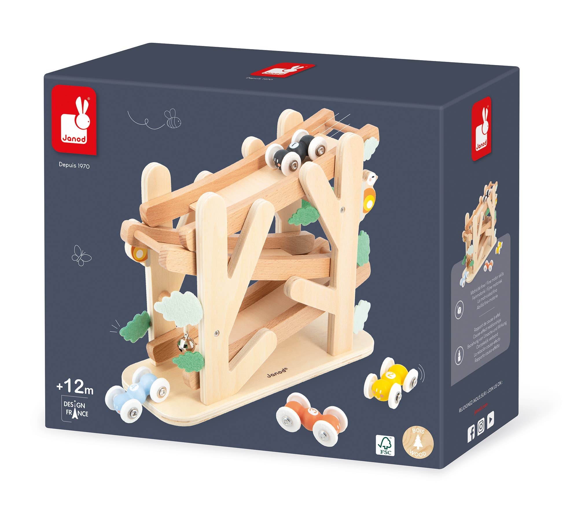 Wooden Ants Racer Ramp by Janod, colorful cars and trucks toy for kids, featuring a wooden ramp with playful ant-themed design.