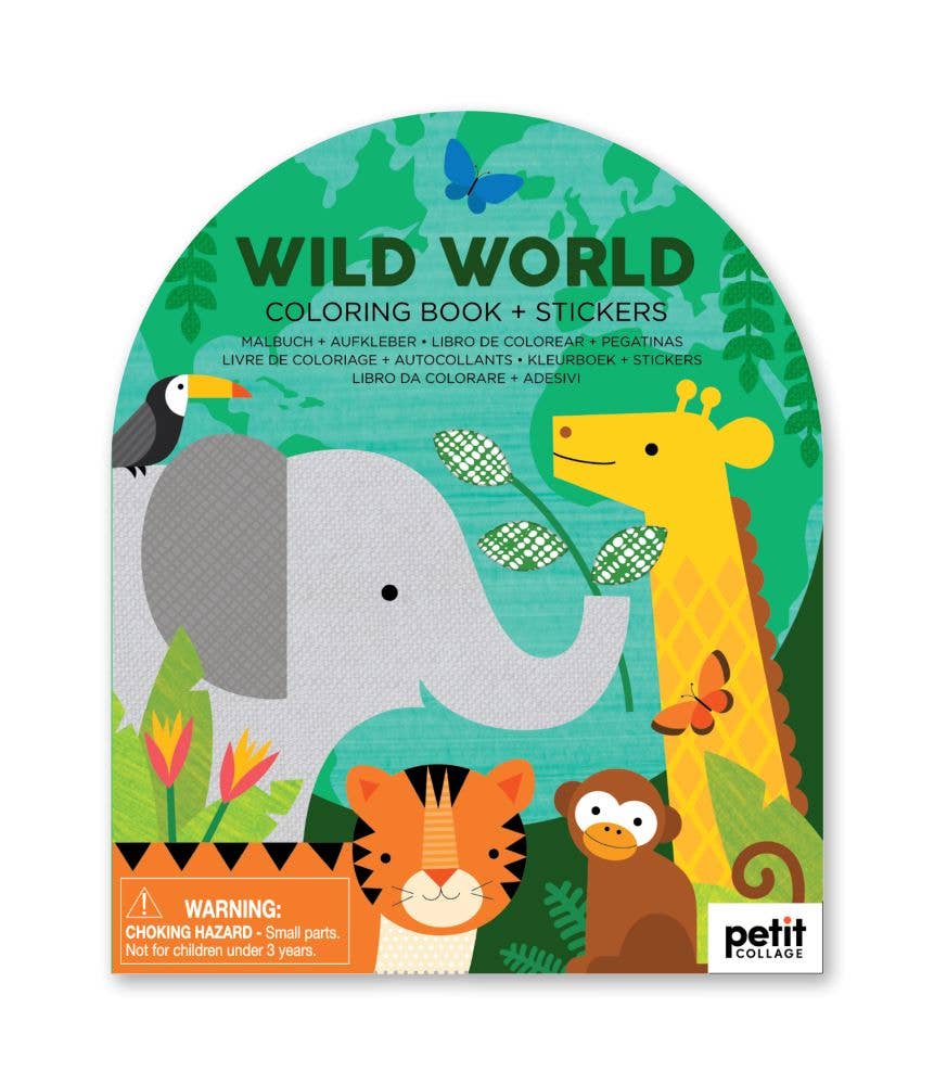 Packaging of 'Wild World' coloring book and stickers with animals on a green background