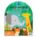 Packaging of 'Wild World' coloring book and stickers with animals on a green background