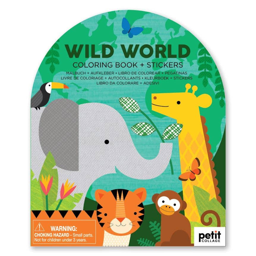 Packaging of 'Wild World' coloring book and stickers with animals on a green background