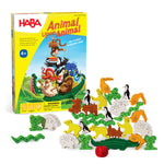 Animal Upon Animal game by HABA USA, colorful wooden animal stacking game with children playing and balancing animals.