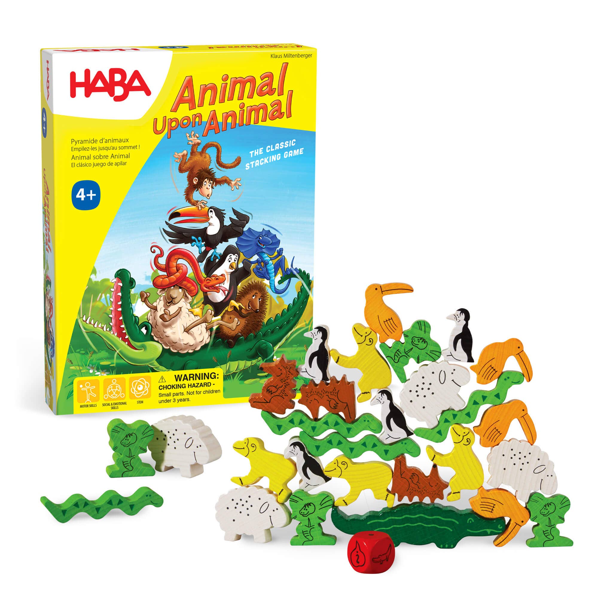 Animal Upon Animal game by HABA USA, colorful wooden animal stacking game with children playing and balancing animals.