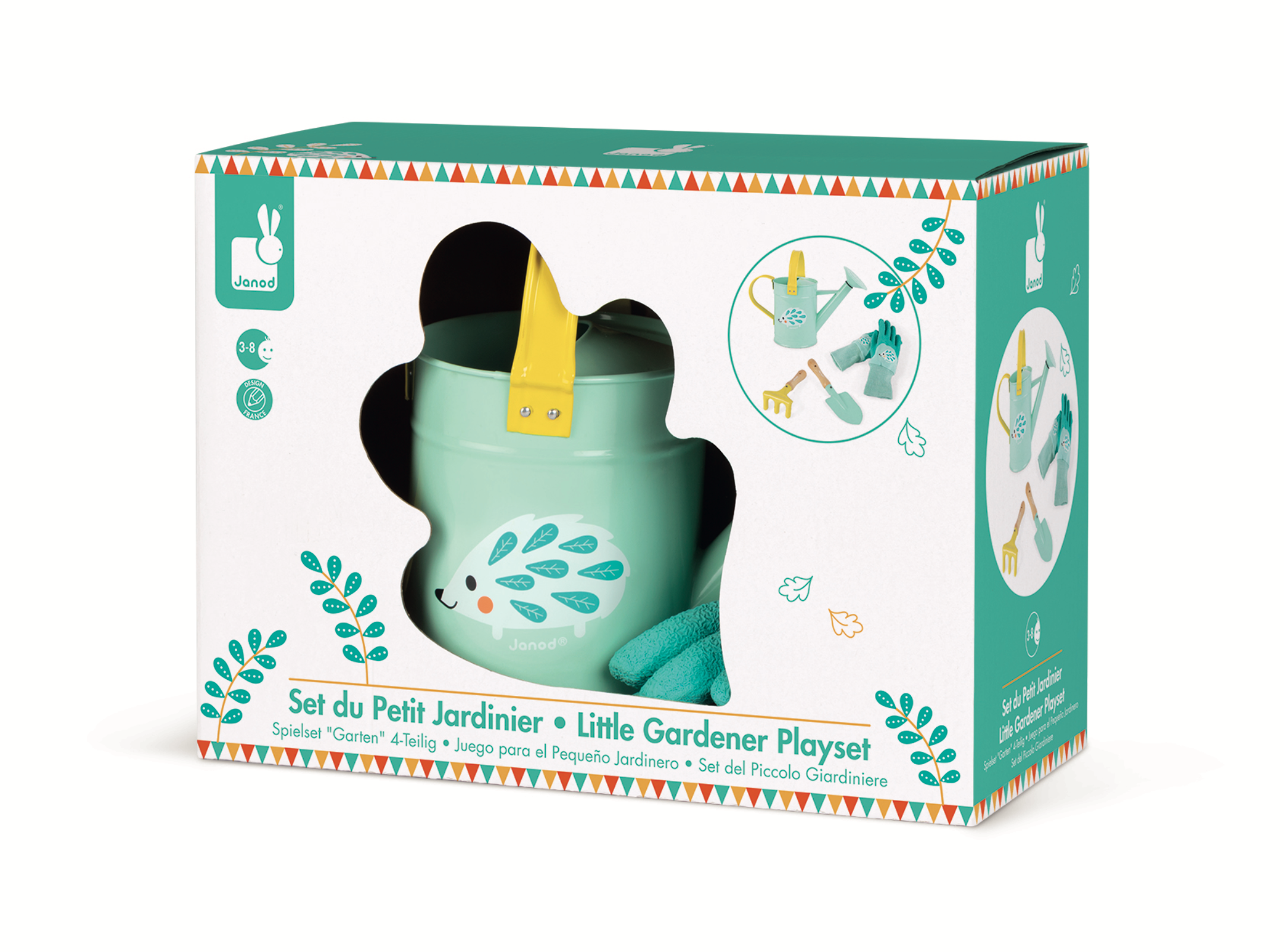 Colorful Janod Happy Gardener outdoor playset with gardening tools, watering can, and accessories for imaginative kids' outdoor play.