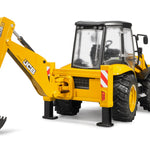 Bruder JCB 5CX backhoe loader toy vehicle with detailed construction equipment and realistic design for children.