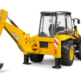 Bruder JCB 5CX backhoe loader toy vehicle with detailed construction equipment and realistic design for children.