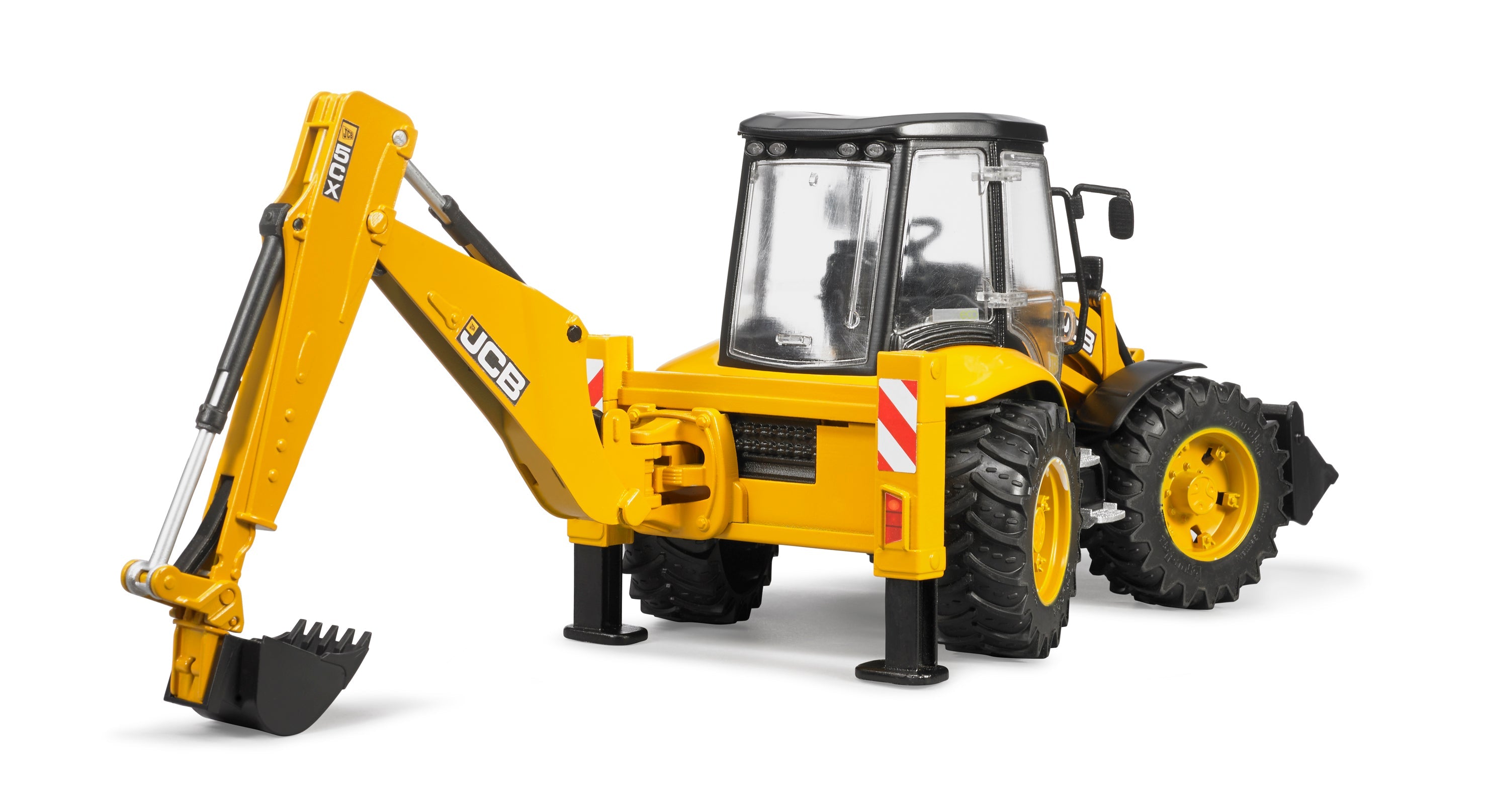 Bruder JCB 5CX backhoe loader toy vehicle with detailed construction equipment and realistic design for children.