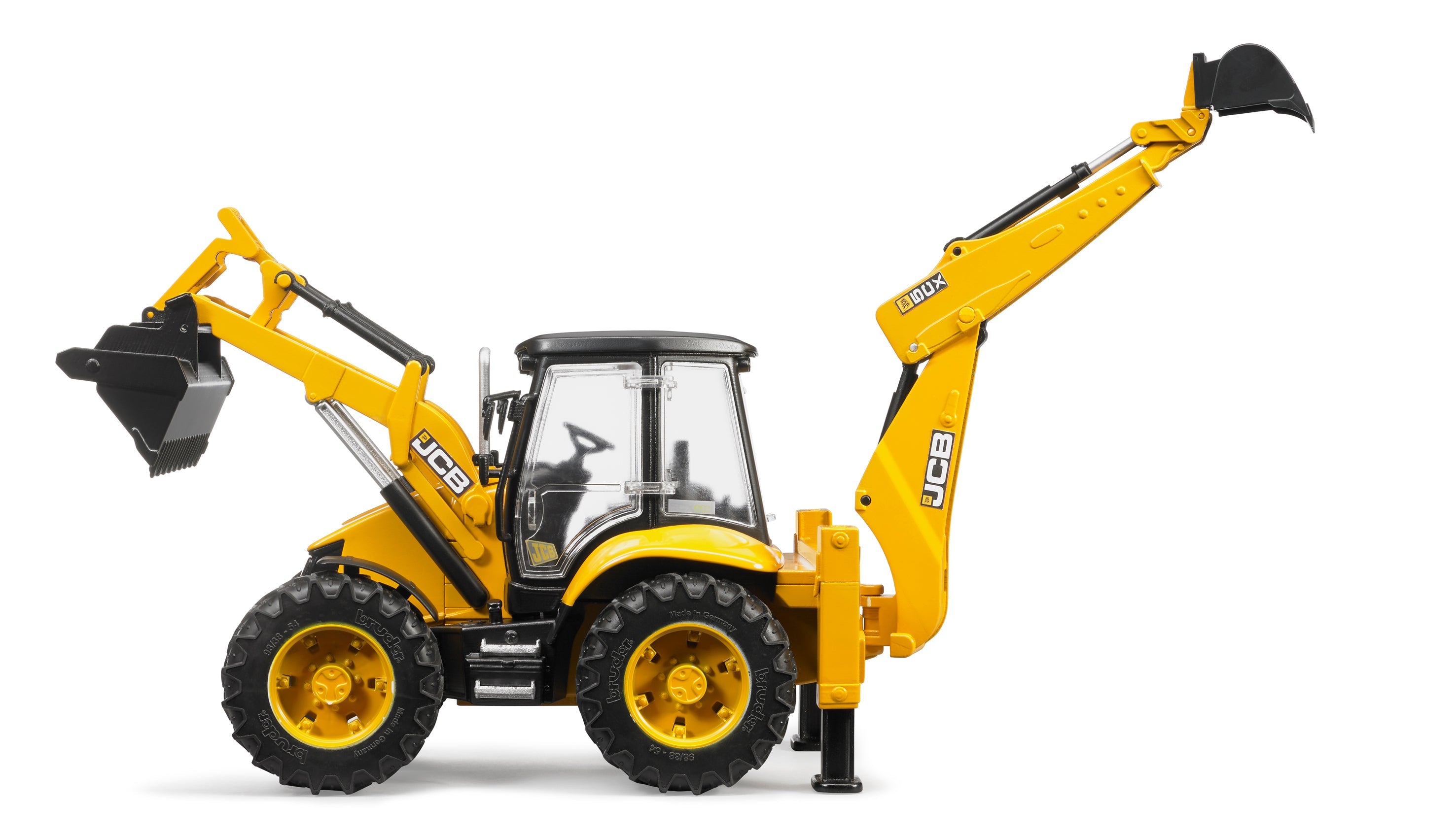 Bruder JCB 5CX backhoe loader toy vehicle with detailed design and realistic features, suitable for children’s play.