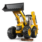 Bruder JCB 5CX backhoe loader toy vehicle with detailed excavator and loader arms, realistic design for children’s play.
