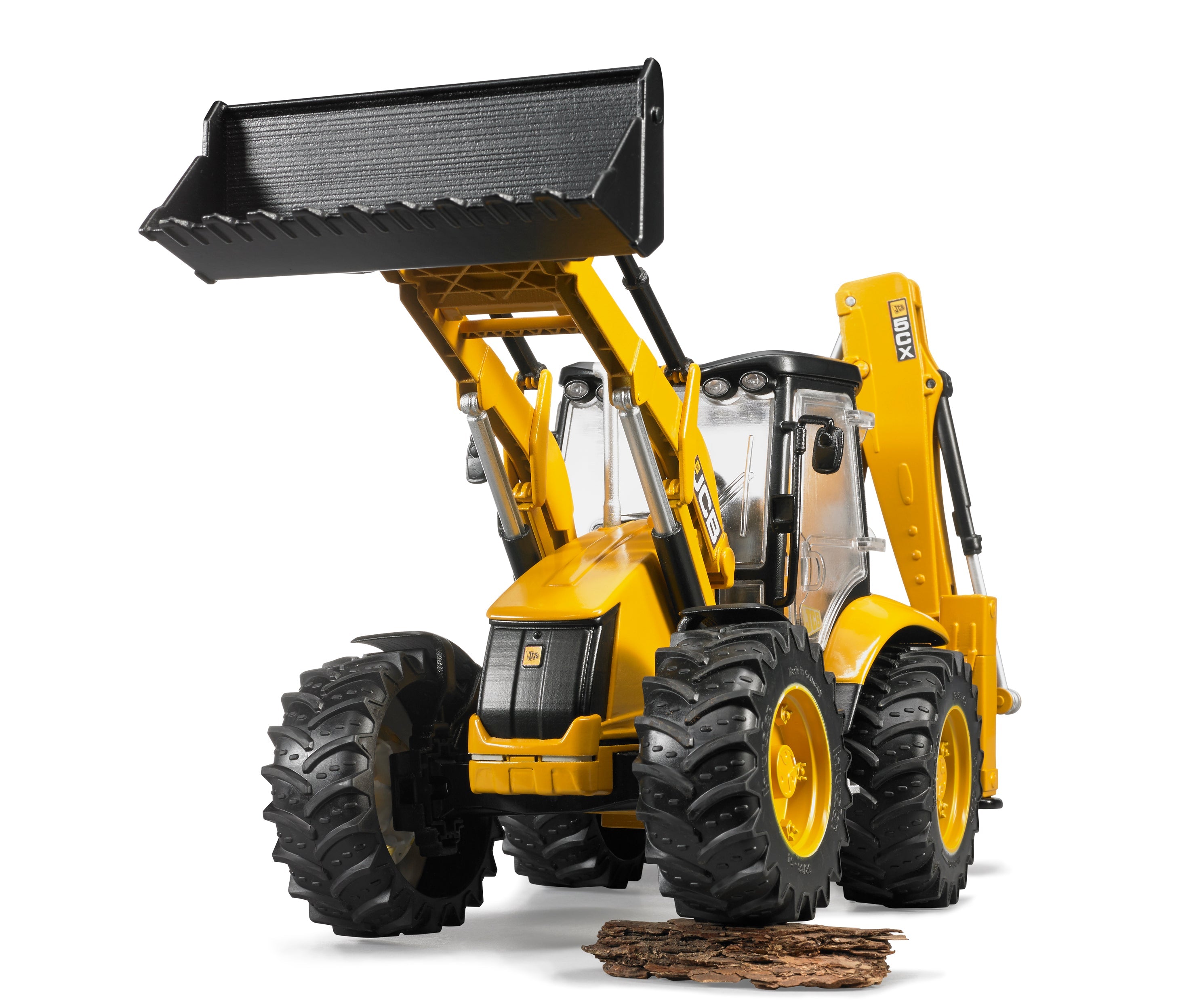 Bruder JCB 5CX backhoe loader toy vehicle with detailed excavator and loader arms, realistic design for children’s play.