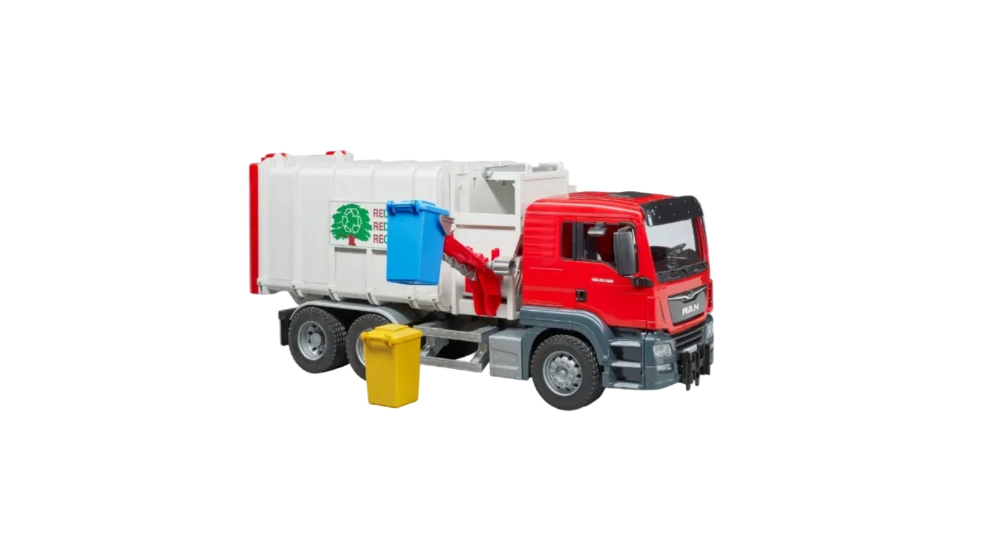 Bruder Man TGS side loading garbage truck toy vehicle with realistic details, designed for children’s play and collection.