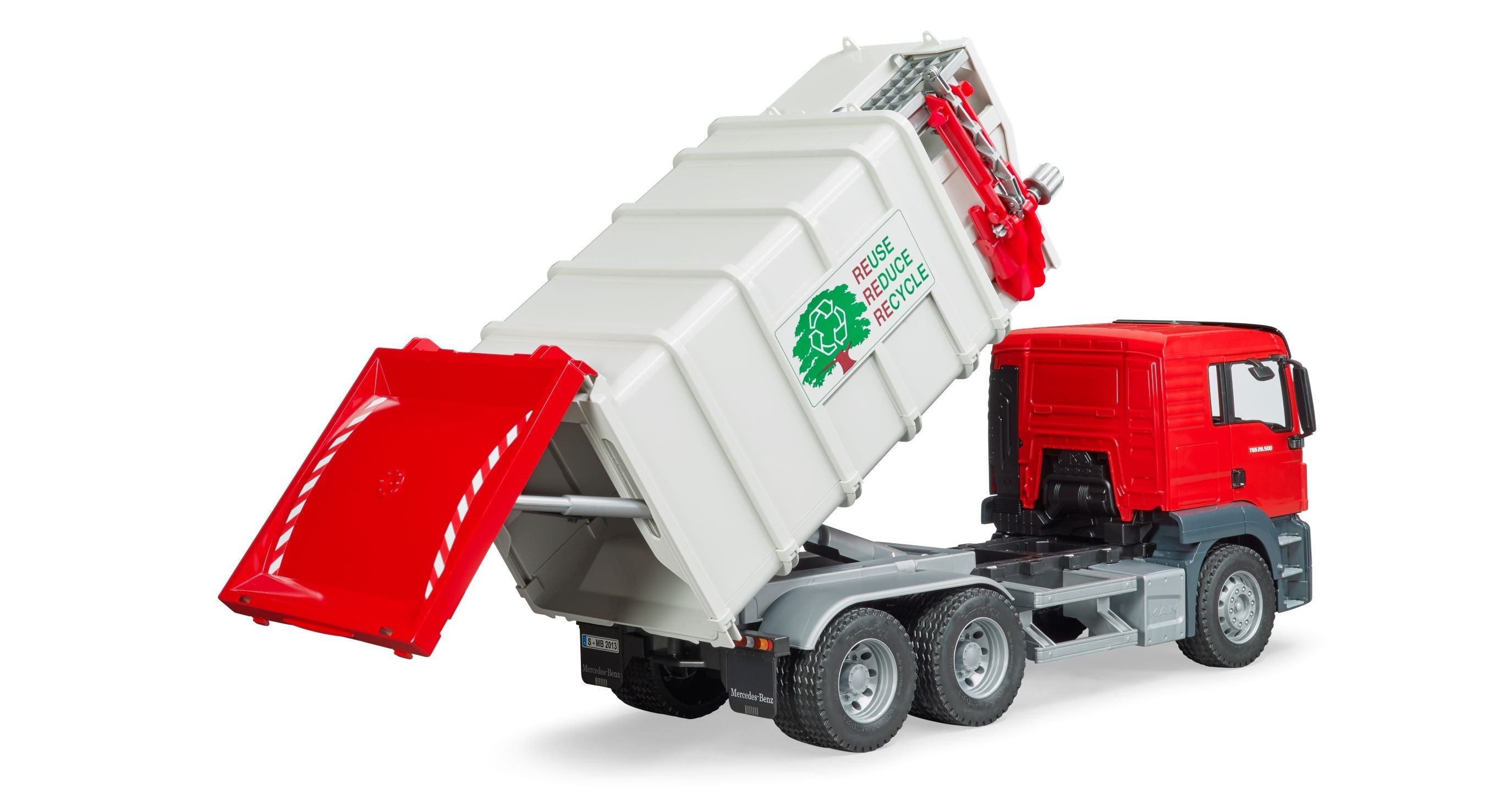 Bruder Man TGS side loading garbage truck toy vehicle on a white background, detailed miniature with realistic features.