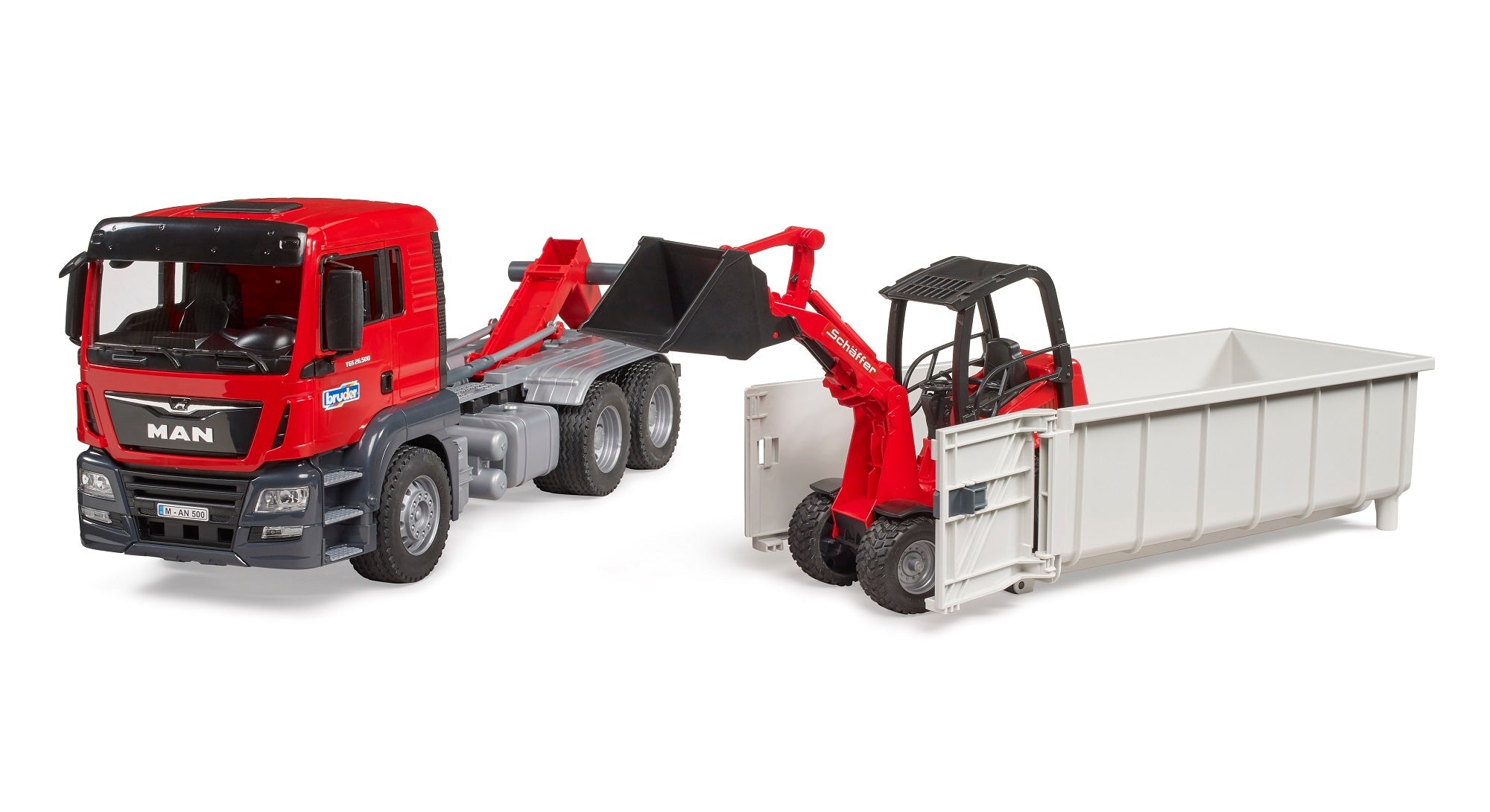Bruder Man TGS container truck set with detailed trucks and containers, realistic vehicle design for children’s play.