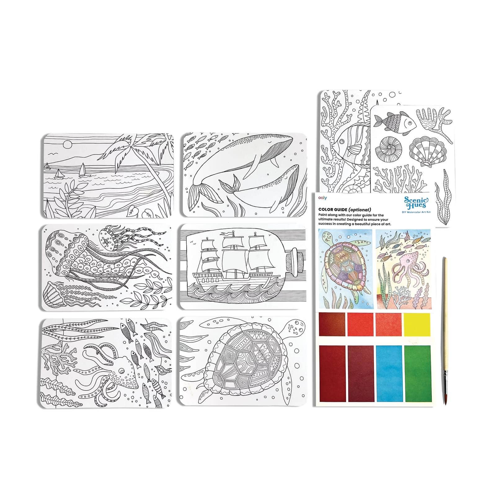 Ocean Watercolor Postcard Kit from OOLY featuring watercolor postcards and art supplies for creative arts and crafts projects.