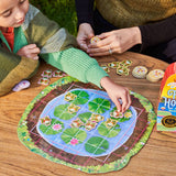 eeBoo Frog Hopkins Board Game featuring colorful frog illustrations and game components on a vibrant playing surface.