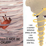 Open book titled "I Am a Tornado" by Drew Beckmeyer, featuring colorful illustrated pages from the Simon & Schuster edition.
