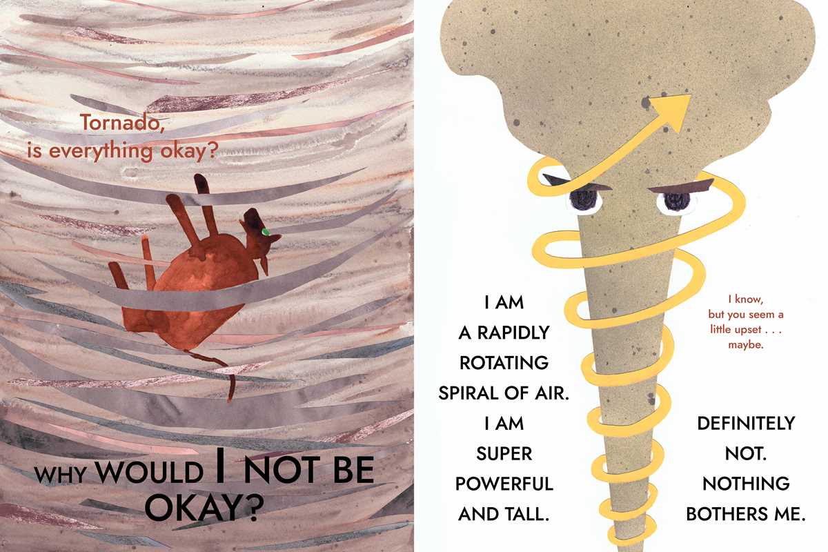 Open book titled "I Am a Tornado" by Drew Beckmeyer, featuring colorful illustrated pages from the Simon & Schuster edition.