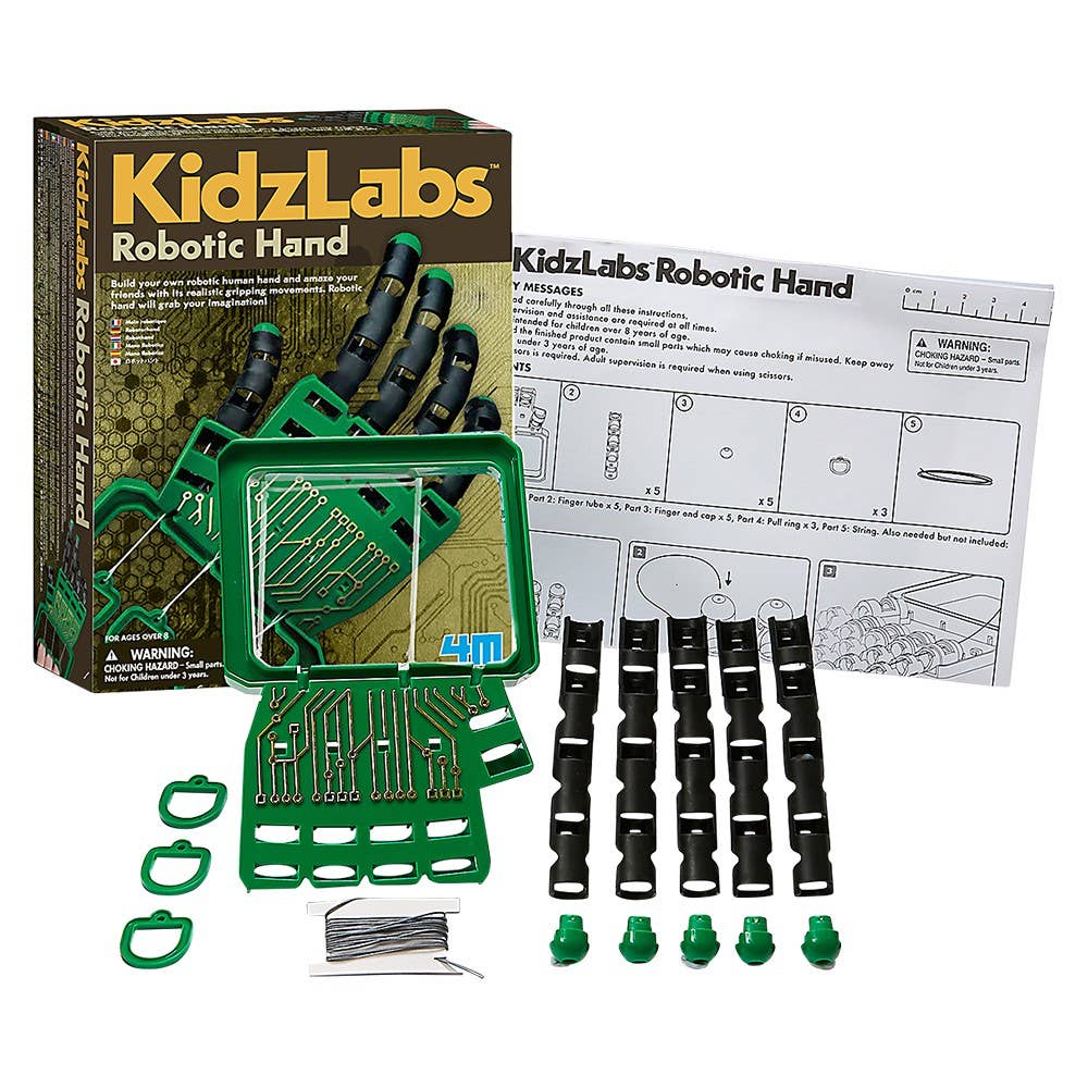KidzLabs Robotic Hand Kit for kids, part of the STEAM educational toys by The Toy Network, showing assembled robotic hand model.