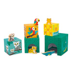 Janod Jungle Nesting Blocks for babies, colorful stackable wooden blocks with jungle animal designs, perfect for early learning and play.