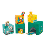 Janod Jungle Nesting Blocks for babies, colorful stackable wooden blocks with jungle animal designs, perfect for early learning and play.