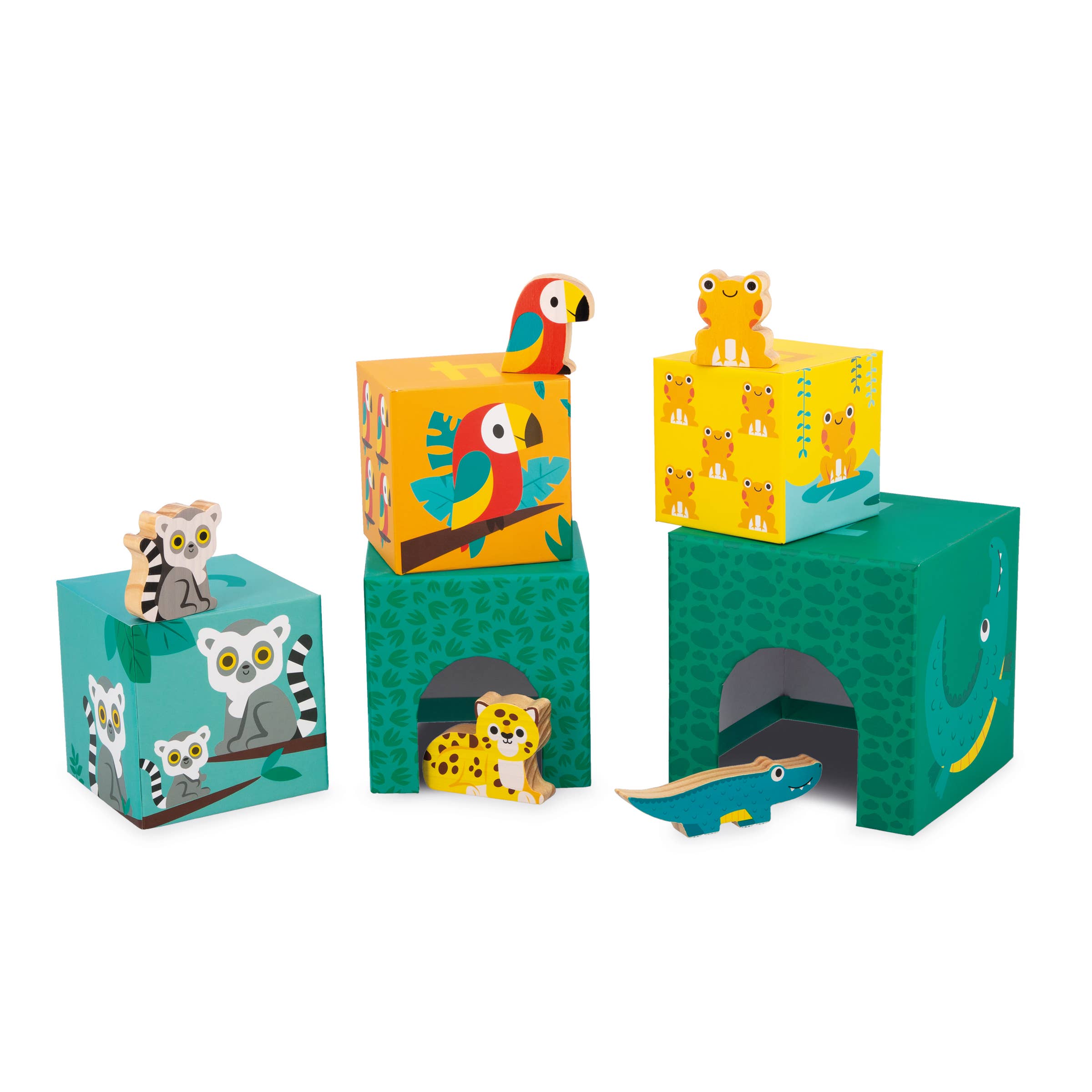Janod Jungle Nesting Blocks for babies, colorful stackable wooden blocks with jungle animal designs, perfect for early learning and play.