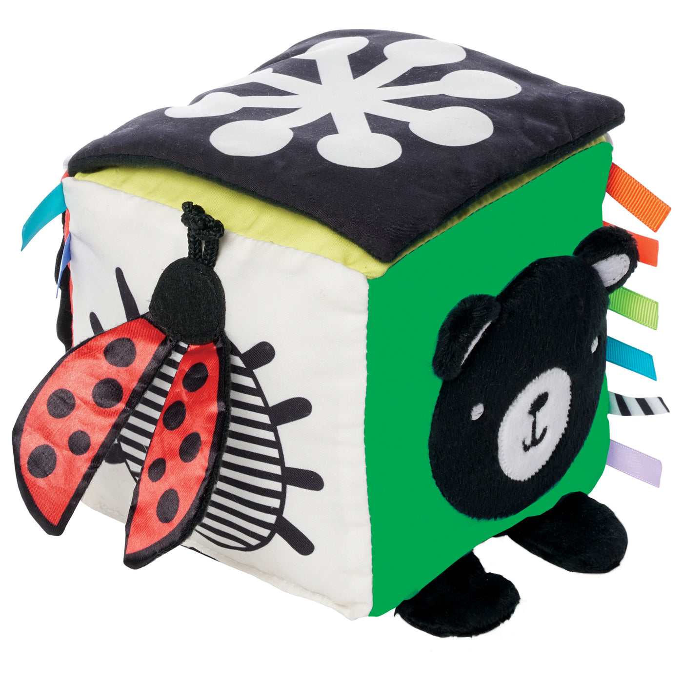 Manhattan Toy Wimmer Baby Discovery Cube with colorful toys and textures for infants, designed for sensory development.