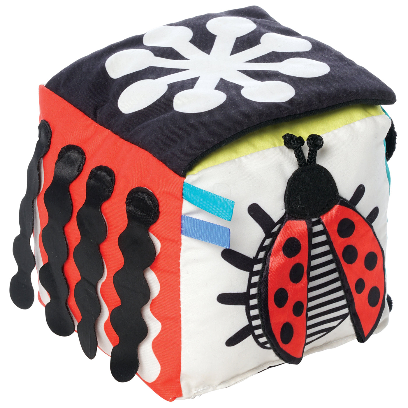Manhattan Toy Wimmer Baby Discovery Cube with colorful shapes and soft textures for sensory play and developmental fun.