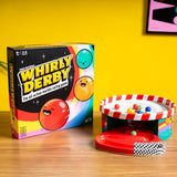 Whirly Derby game by Big Potato Games featuring colorful spinning tops and a wooden game board for fun tabletop entertainment.