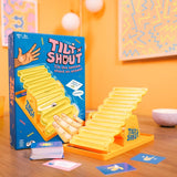 Tilt & Shout game by Big Potato Games featuring colorful game pieces and a game board for family fun and interactive play.