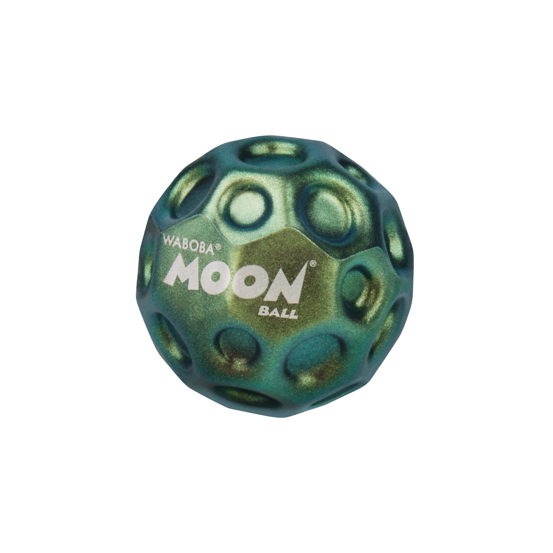 Waboba Metallic Moon outdoor ball in green, featuring a shiny metallic surface perfect for active outdoor play.