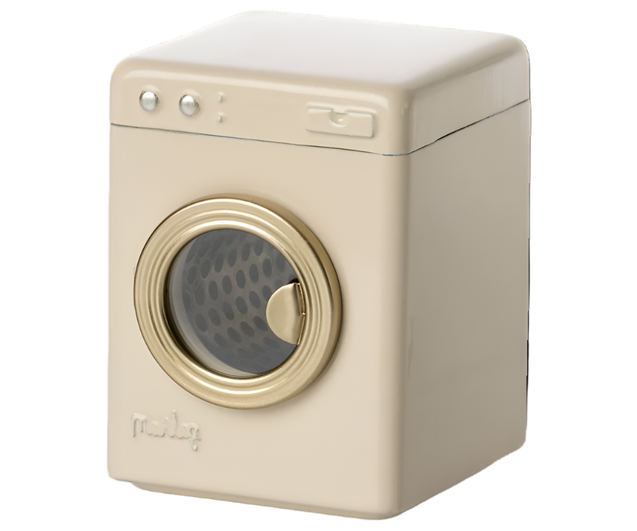 Maileg dollhouse washing machine with detailed white and gray design, perfect for imaginative play and dollhouse accessories.