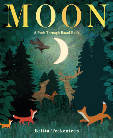 Child holding the "Moon: A Peek-Through Board Book" by Penguin Random House, featuring colorful moon illustrations.